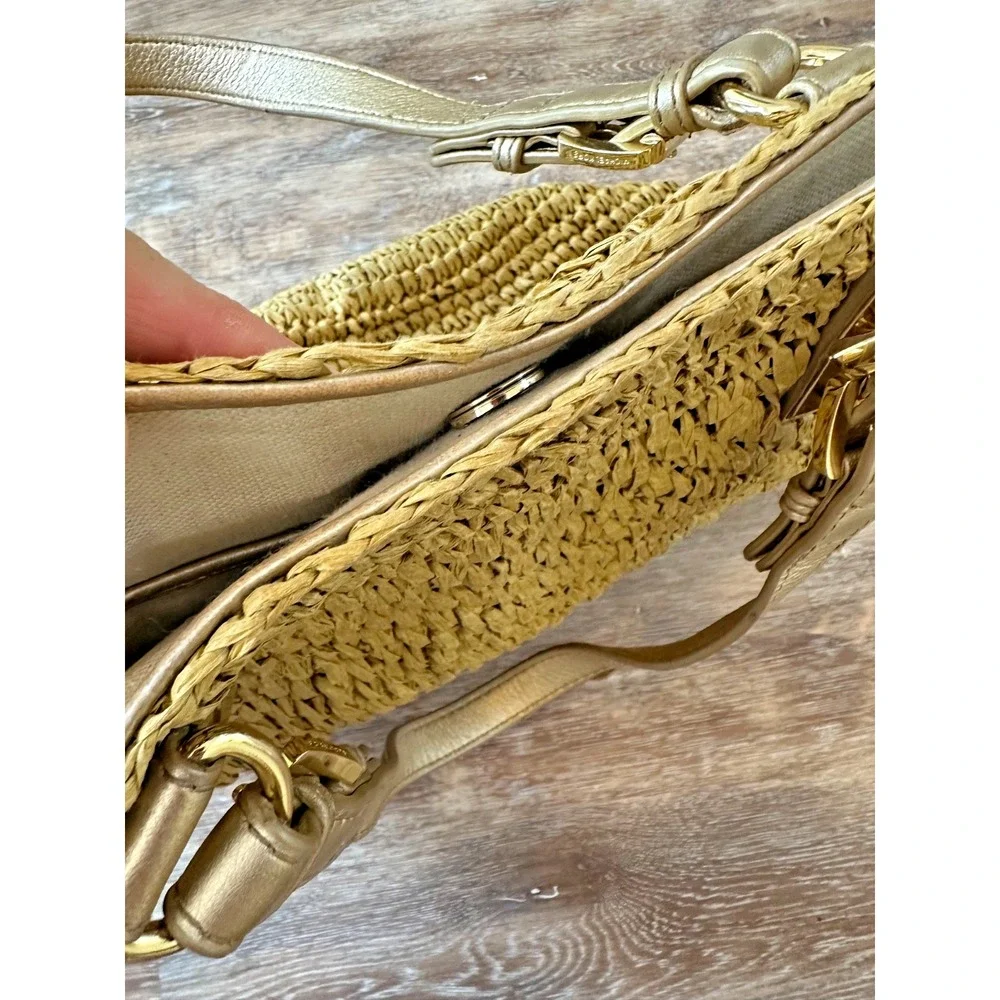 Michael Kors Woven Straw Purse Tote Gold Tone Fob Footed Shoulder Bag